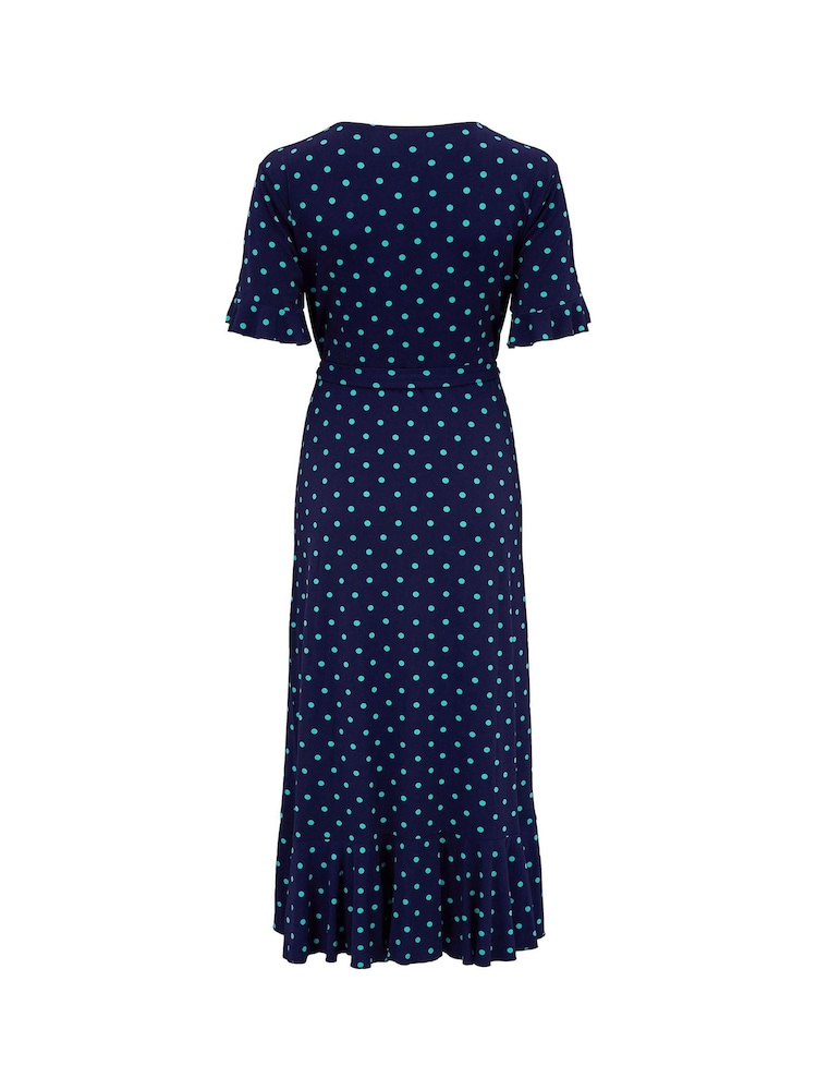 Pour Moi Navy Blue Polka Dot Megan Fuller Bust Slinky Jersey Frill Detail Midi Wrap Dress - Image 5 of 5