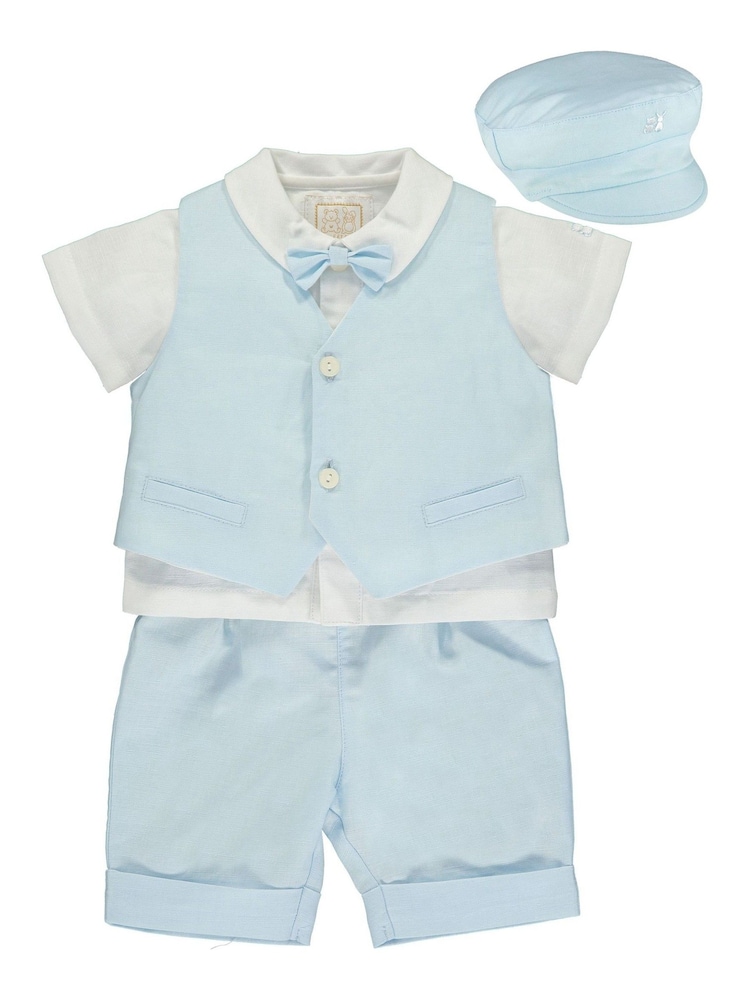 Emile Et Rose Blue Pantalones cortos de lino de tres piezas y conjunto de sombreros - Imagen 2 de 3