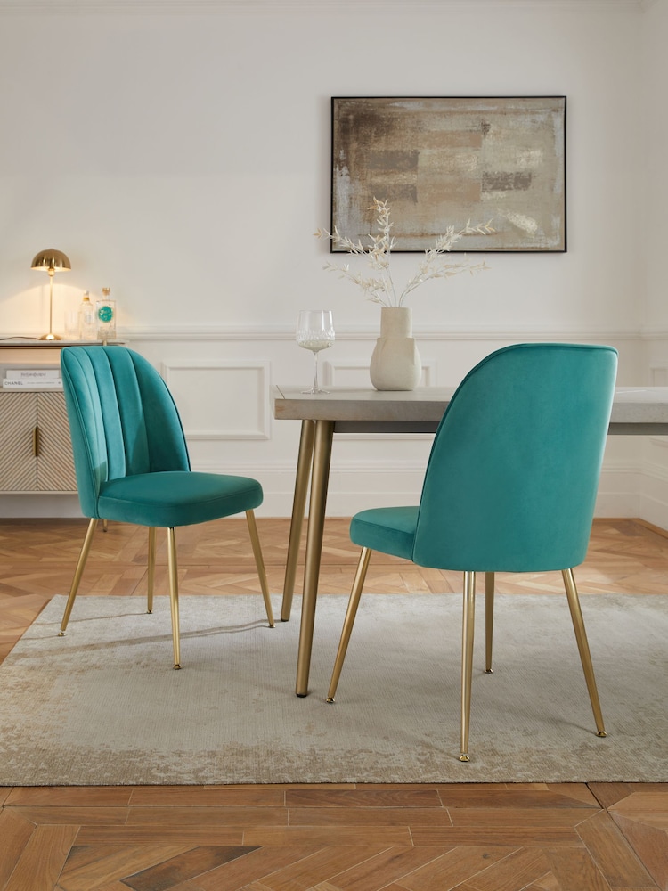 Set of 2 Soft Velvet Teal Stella Gold Effect Leg Dining Chairs - Image 1 of 8