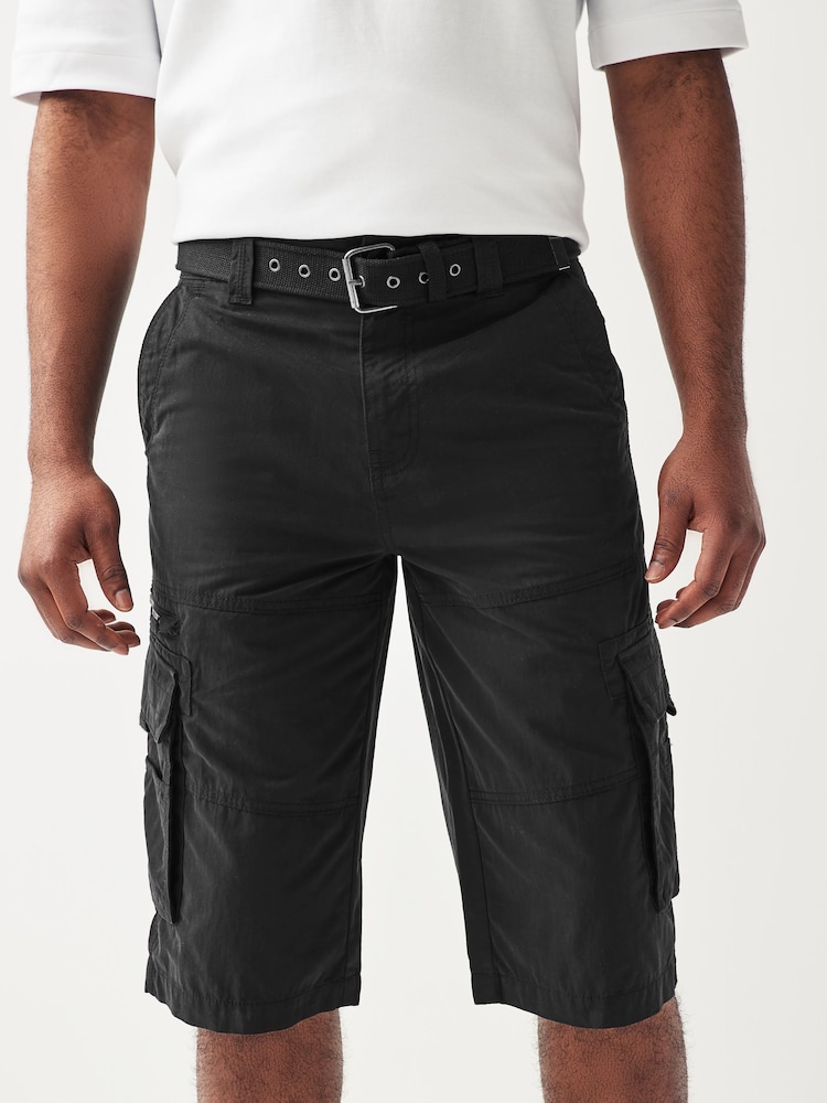 Black Long Length Belted Cargo Shorts - Image 1 of 8