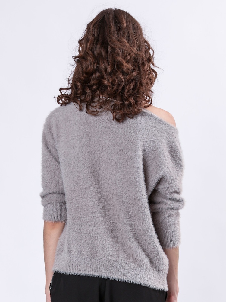 Religion Grey Off The Shoulder Super Soft Fluffy Jumper - Image 3 of 6
