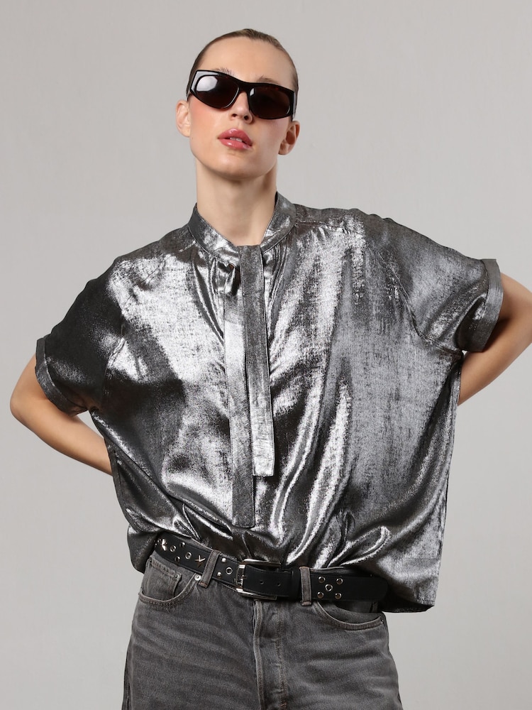 Religion Silver Oversized Blouse in Dip Dye With Tie Neck - Image 1 of 8
