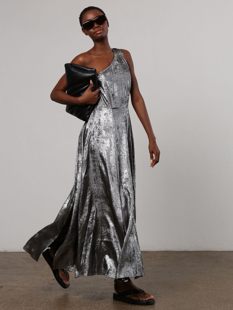 Religion Silver One Shoulder Maxi Dress In Silver Foil Textured Fabric - Image 1 of 9