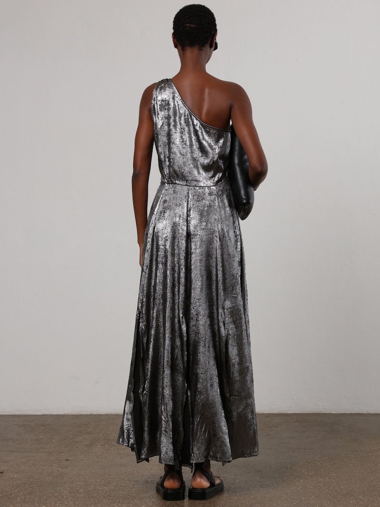 Religion Silver One Shoulder Maxi Dress In Silver Foil Textured Fabric - Image 2 of 9