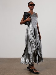Religion Silver One Shoulder Maxi Dress In Silver Foil Textured Fabric - Image 4 of 9