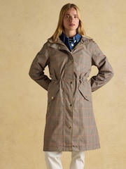 Joules Holkham Brown Check Waterproof Packable Raincoat With Hood - Image 1 of 7