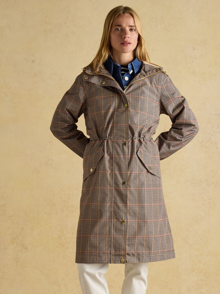 Joules Holkham Brown Check Waterproof Packable Raincoat With Hood - Image 1 of 7