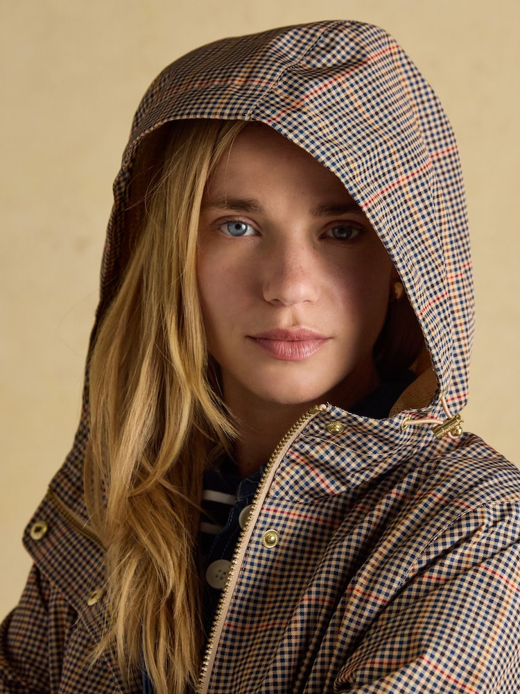 Joules Holkham Brown Check Waterproof Packable Raincoat With Hood - Image 7 of 7