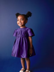 Purple Pleat Detail Short Sleeve Taffeta Dress (3mths-10yrs) - Image 1 of 8