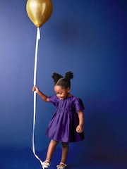 Purple Pleat Detail Short Sleeve Taffeta Dress (3mths-10yrs) - Image 2 of 8