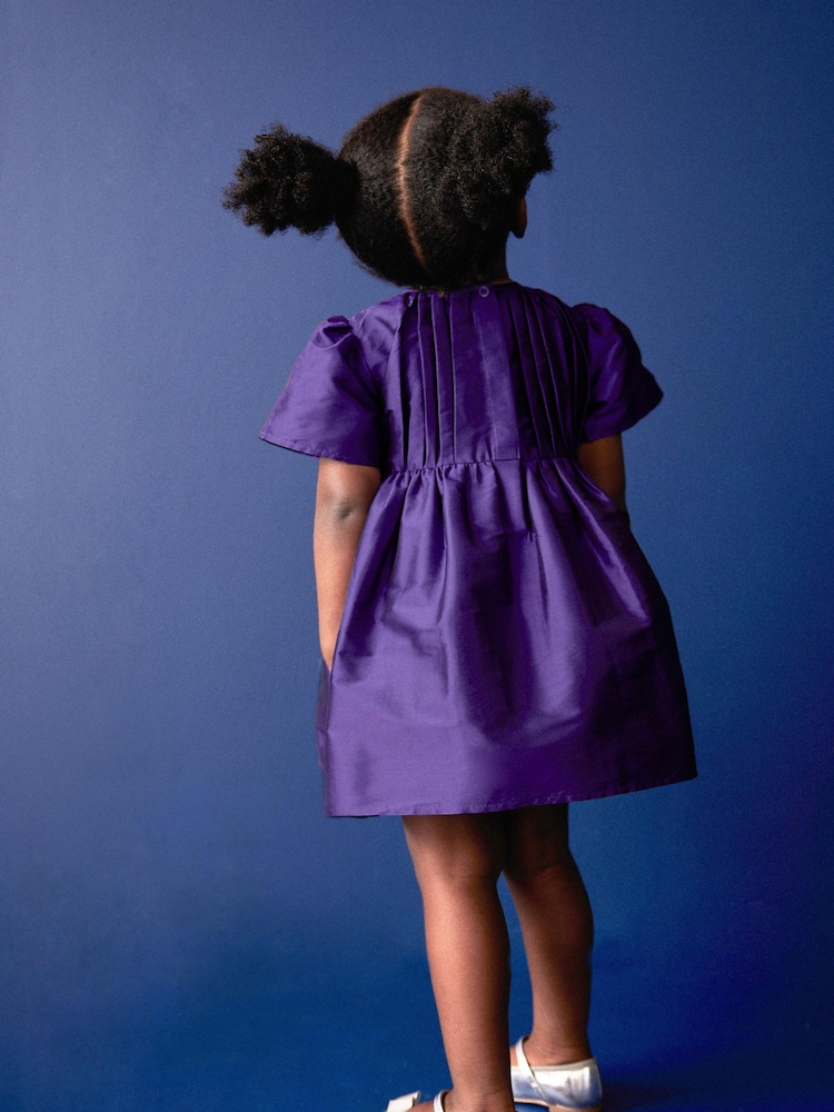 Purple Pleat Detail Short Sleeve Taffeta Dress (3mths-10yrs) - Image 3 of 8