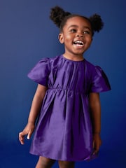 Purple Pleat Detail Short Sleeve Taffeta Dress (3mths-10yrs) - Image 4 of 8