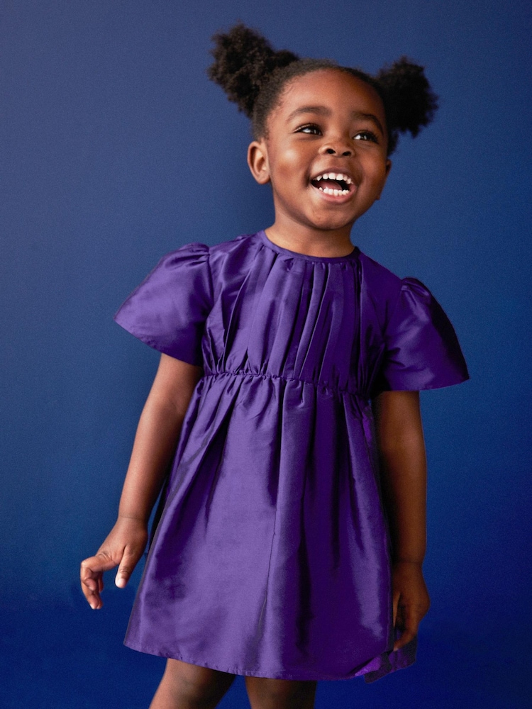 Purple Pleat Detail Short Sleeve Taffeta Dress (3mths-10yrs) - Image 4 of 8