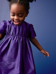 Purple Pleat Detail Short Sleeve Taffeta Dress (3mths-10yrs) - Image 5 of 8