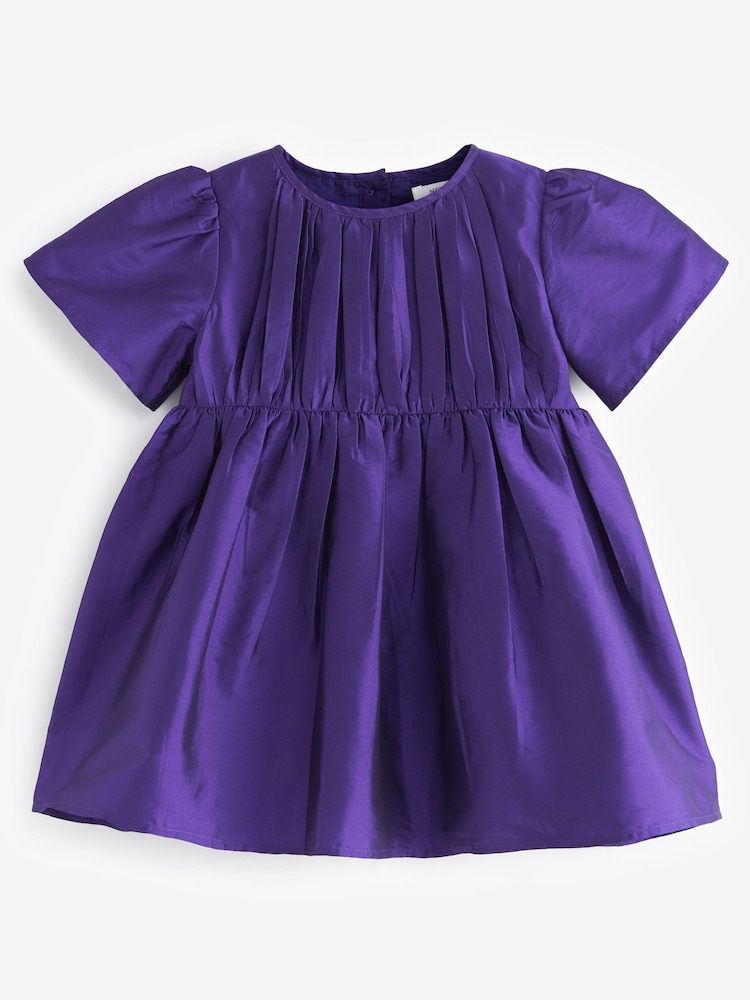 Purple Pleat Detail Short Sleeve Taffeta Dress (3mths-10yrs) - Image 6 of 8