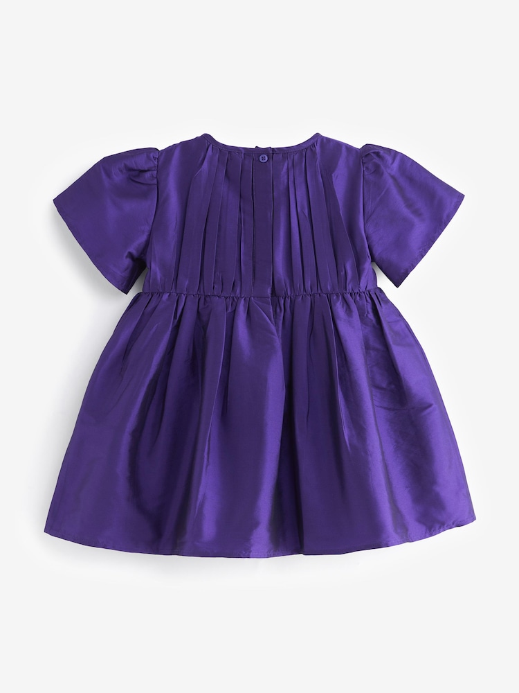 Purple Pleat Detail Short Sleeve Taffeta Dress (3mths-10yrs) - Image 7 of 8
