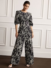 Black/Ecru Cream Abstract Print Jumpsuit - Image 1 of 4