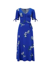 Pour Moi Blue Bella Fuller Bust Slinky Stretch Tie Sleeve Midi Dress - Image 4 of 5