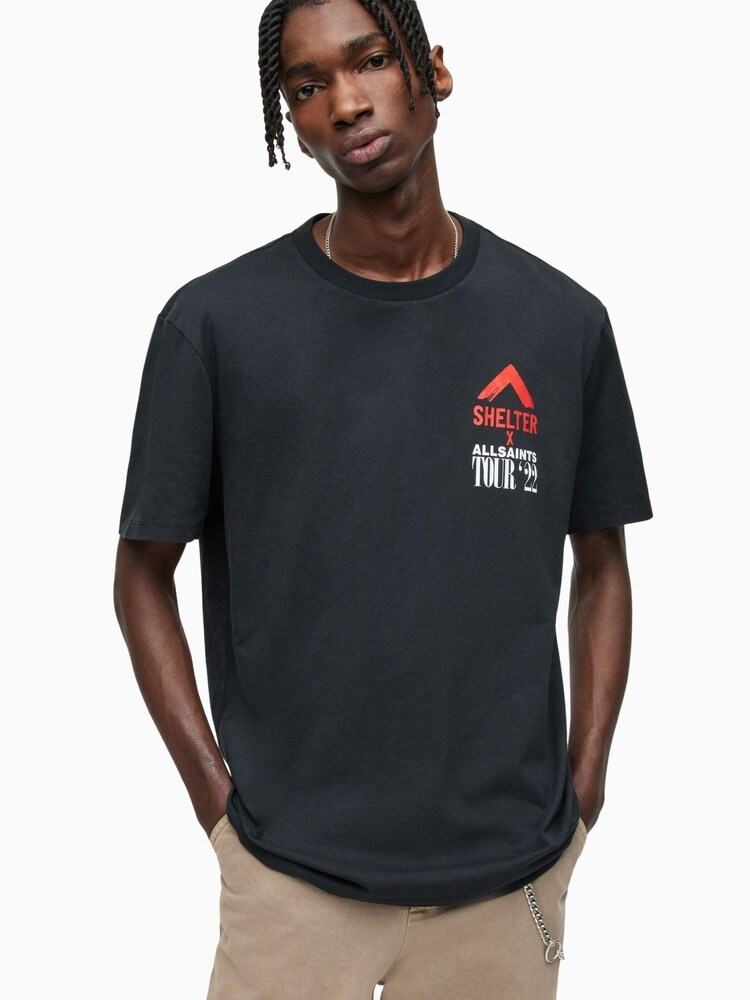 AllSaints Black 100% Cotton Shelter Short Sleeve Crew T-Shirt - Image 1 of 6 AllSaints Black 100% Cotton Shelter Short Sleeve Crew T-Shirt - Image 1 of 6