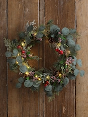 Laura Ashley Green Crab Apple and Pine Cone LED Wreath - Image 1 of 4