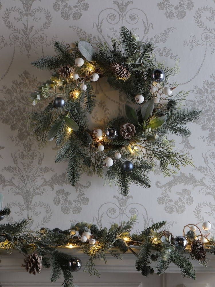 Laura Ashley Green Pine Cone and White Berry LED Wreath - Image 2 of 4
