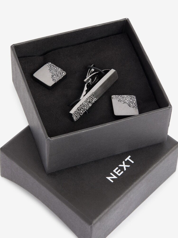 Gun Metal Textured Cufflink And Tie Clip Set - Image 1 of 6