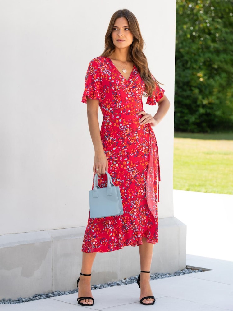 Pour Moi Red Multi Print Megan Stretch Jersey Wrap Midi Dress - Image 1 of 8