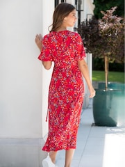 Pour Moi Red Multi Print Megan Stretch Jersey Wrap Midi Dress - Image 2 of 8