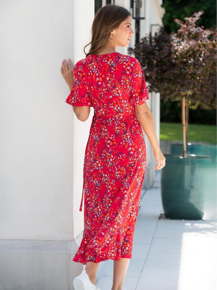 Pour Moi Red Multi Print Megan Stretch Jersey Wrap Midi Dress - Image 2 of 8