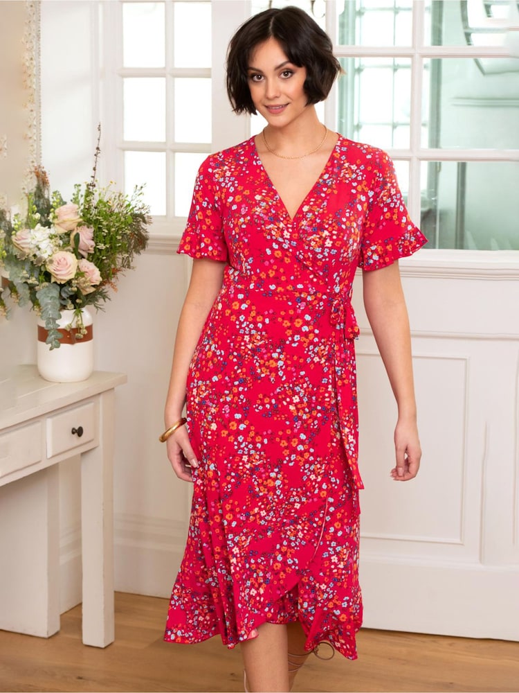 Pour Moi Red Multi Print Megan Stretch Jersey Wrap Midi Dress - Image 4 of 8