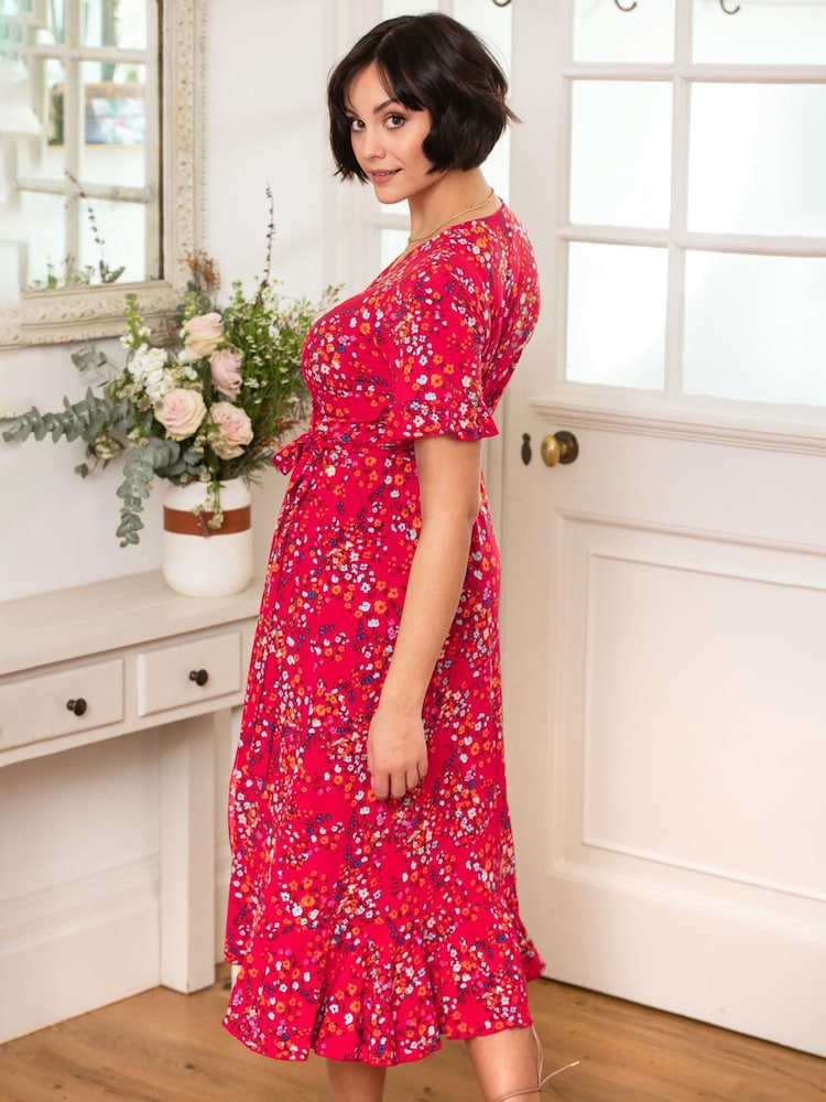 Pour Moi Red Multi Print Megan Stretch Jersey Wrap Midi Dress - Image 6 of 8