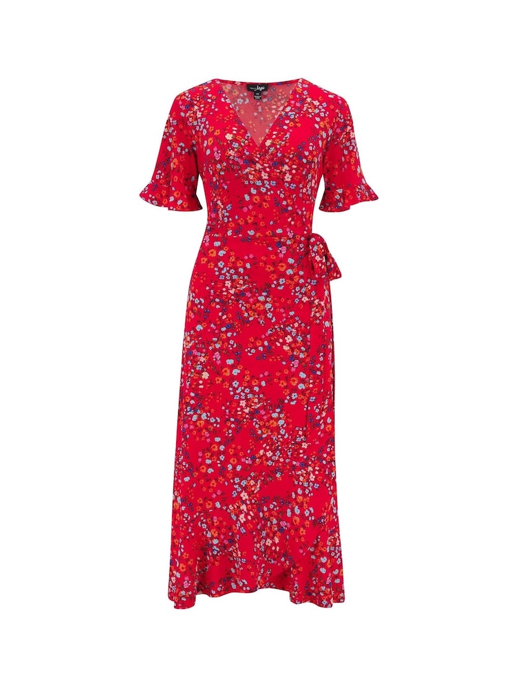 Pour Moi Red Multi Print Megan Stretch Jersey Wrap Midi Dress - Image 7 of 8