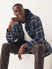Navy Blue Borg Lined Check Shacket with Hood - Image 2 of 10