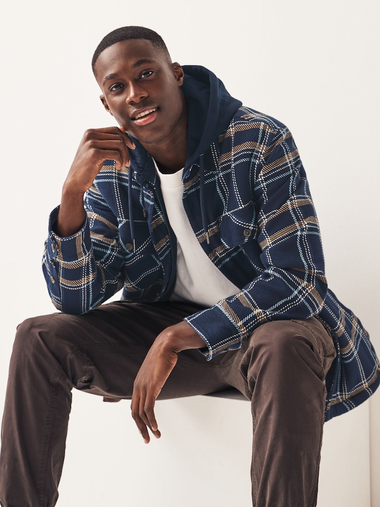 Navy Blue Borg Lined Check Shacket with Hood - Image 2 of 10