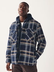 Navy Blue Borg Lined Check Shacket with Hood - Image 3 of 10