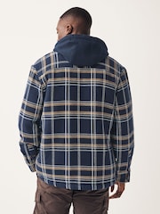 Navy Blue Borg Lined Check Shacket with Hood - Image 4 of 10