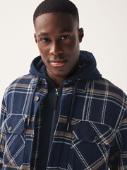 Navy Blue Borg Lined Check Shacket with Hood - Image 5 of 10
