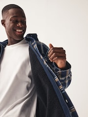 Navy Blue Borg Lined Check Shacket with Hood - Image 6 of 10