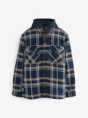 Navy Blue Borg Lined Check Shacket with Hood - Image 7 of 10