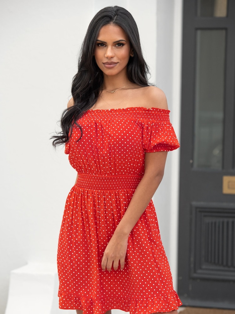 Pour Moi Red Eloise Puff Sleeve Woven Bardot Dress - Image 1 of 5