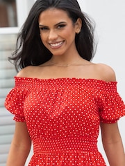 Pour Moi Red Eloise Puff Sleeve Woven Bardot Dress - Image 2 of 5