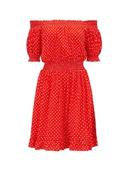 Pour Moi Red Eloise Puff Sleeve Woven Bardot Dress - Image 4 of 5
