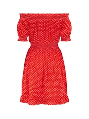 Pour Moi Red Eloise Puff Sleeve Woven Bardot Dress - Image 5 of 5