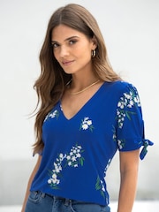 Pour Moi Blue Floral Bella V-Neck Blouse - Image 3 of 5