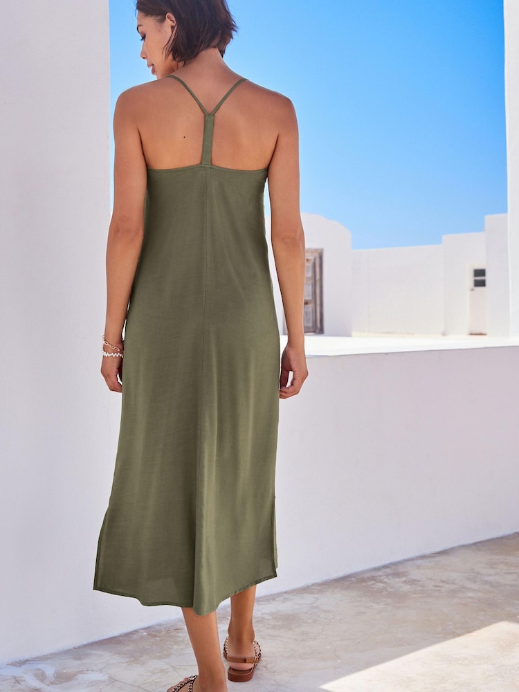 Embroidered Khaki Green - Letnia sukienka midi o fasonie bokserki z dekoltem w szpic - Image 3 of 5