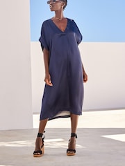 Navy Satin Kaftan Coverup Beach Summer Dress - Image 1 of 5
