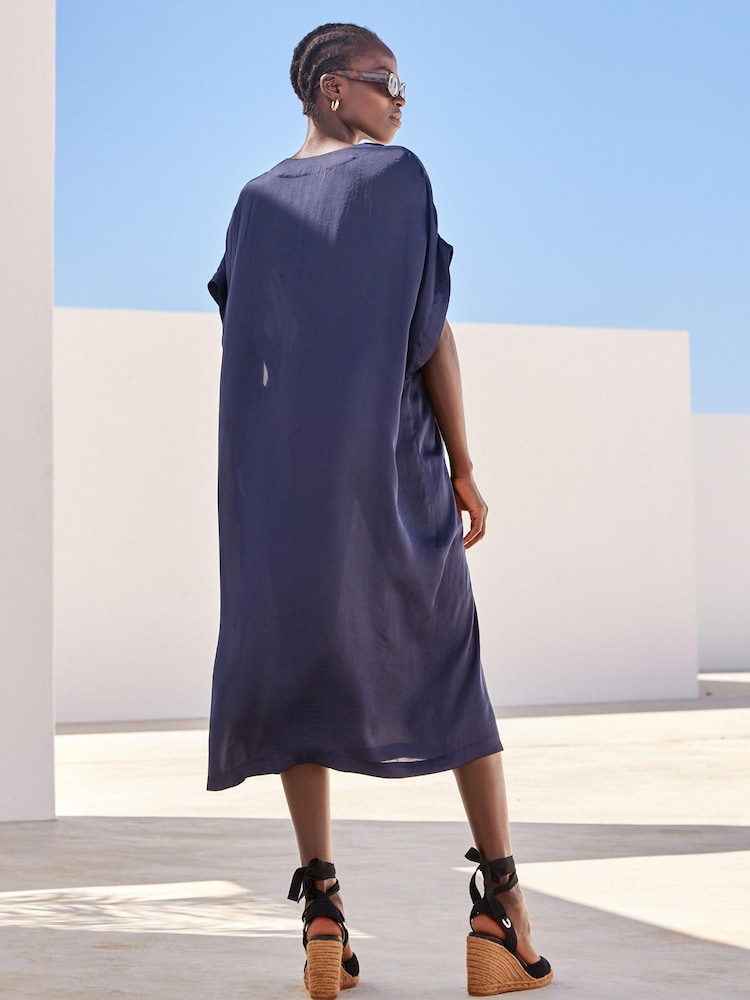 Navy Satin Kaftan Coverup Beach Summer Dress - Image 2 of 5