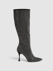 Reiss Black Clement Crystal Point Knee High Boots - Image 1 of 7