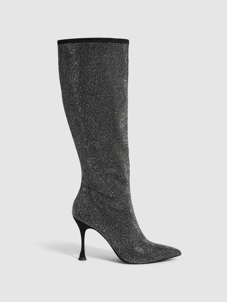 Reiss Black Clement Crystal Point Knee High Boots - Image 1 of 7