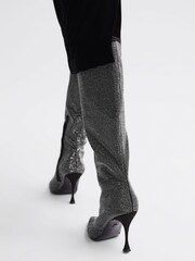 Reiss Black Clement Crystal Point Knee High Boots - Image 2 of 7